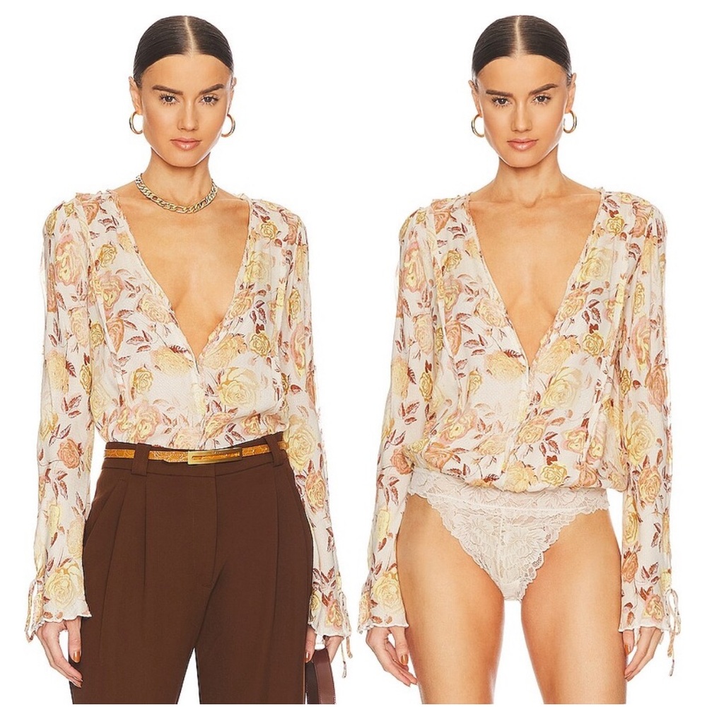 Free People Tan Floral Wrap Bodysuit